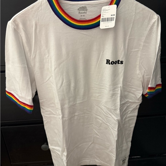 Roots Tops - Root women’s White T-Shirt with Rainbow Trim